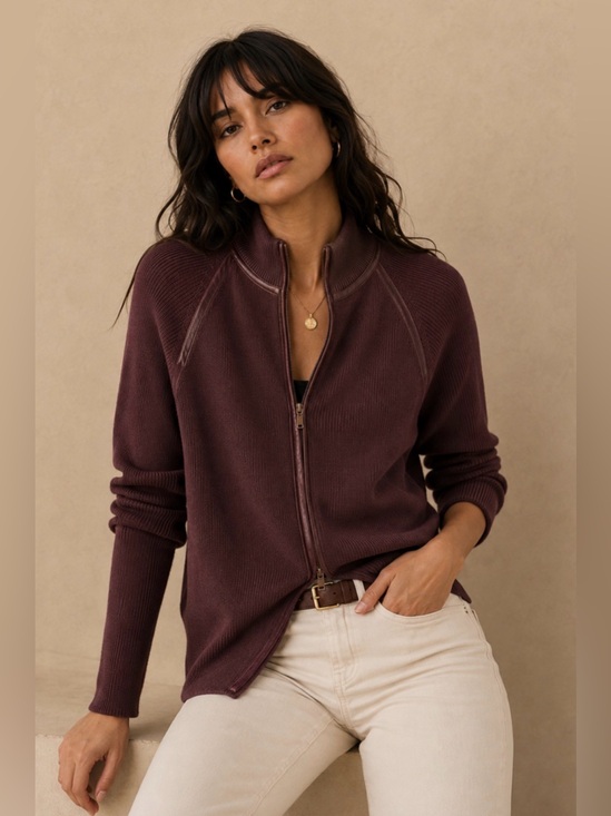 Pendleton Sweaters - Pendleton Merino wool & leather trim Women's Zip-Front Cardigan in Plum